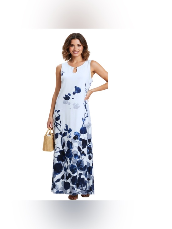 Dresses & Skirts - Women’s White Blue Floral Maxi Dress Sleeveless Keyhole Neck Beach Casual Flowy